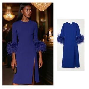 16Arlington Blue Midi Dress Feather Trim 6 Wedding Guest Cocktail Formal 🟡